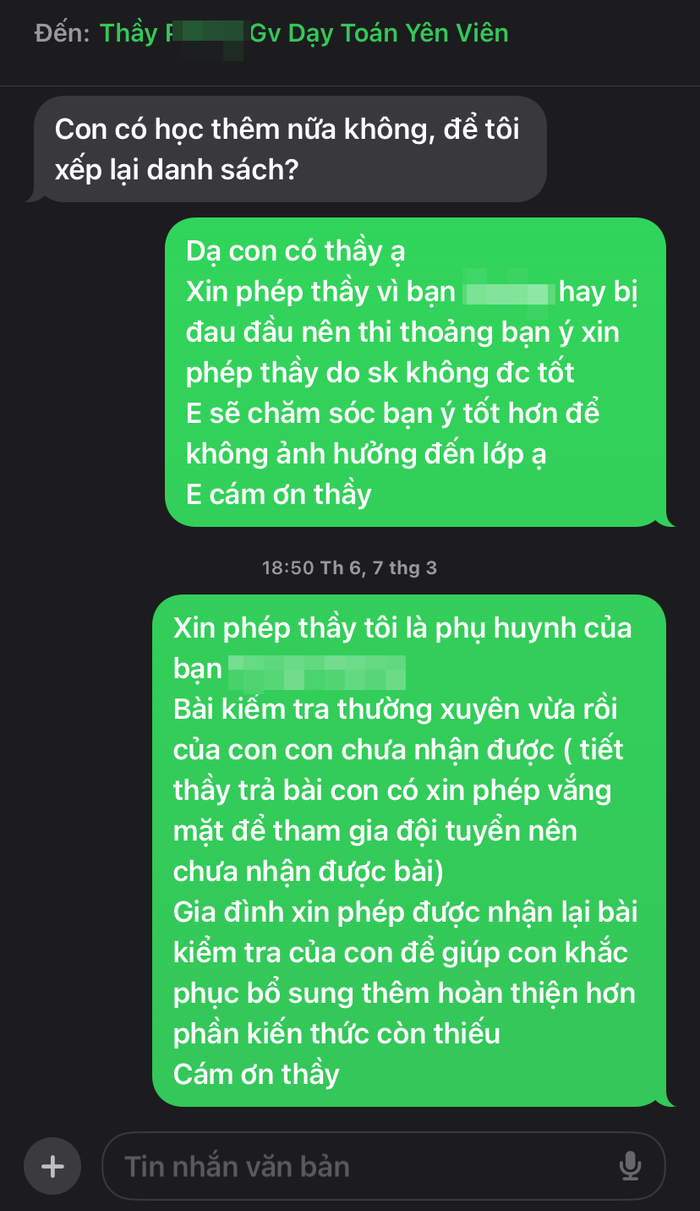 Đoạn tin nhắn giữa chị H. và thầy giáo dạy môn Toán. Ảnh: Phụ huynh cung cấp. gdvn_hoc-them-thpt-yen-vien.png