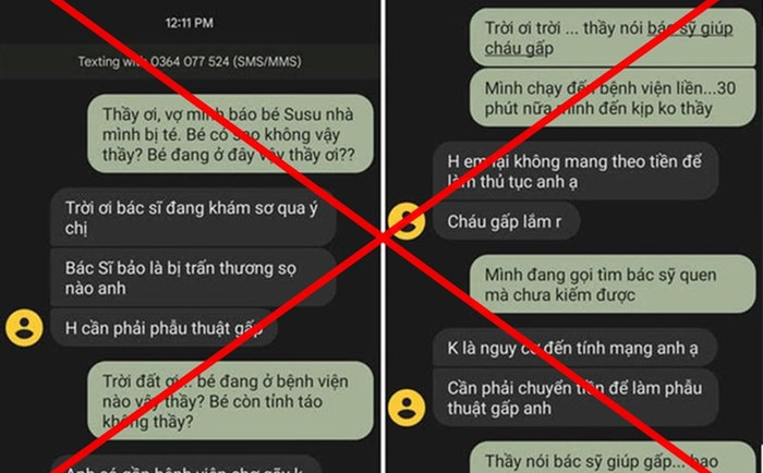 Hình ảnh nội dung tin nhắn của kẻ lừa đảo yêu cầu phụ huynh chuyển tiền để cấp cứu cho con. (Ảnh: Bộ Công an) Hình ảnh nội dung tin nhắn của kẻ lừa đảo yêu cầu phụ huynh chuyển tiền để cấp cứu cho con. (Ảnh: Bộ Công an)