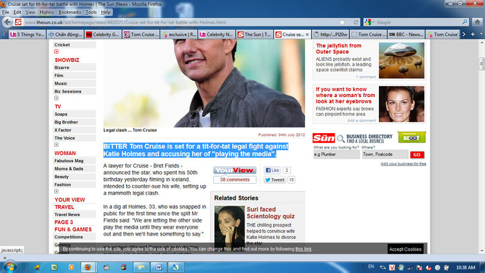 Tờ The Sun của Anh đưa tin, luật sư Cruise tố cáo Holmes chơi trò báo chí Tờ The Sun của Anh đưa tin, luật sư Cruise tố cáo Holmes chơi trò báo chí