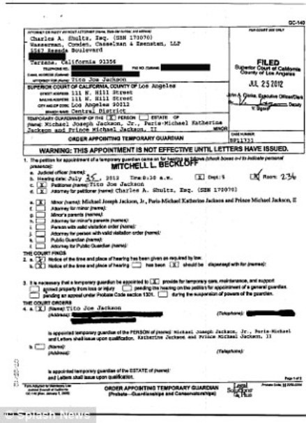 Quyết định của tòa án, ghi rõ Prince, Paris và Blanket, 10 được chăm sóc tạm thời bởi anh họ 34 tuổi