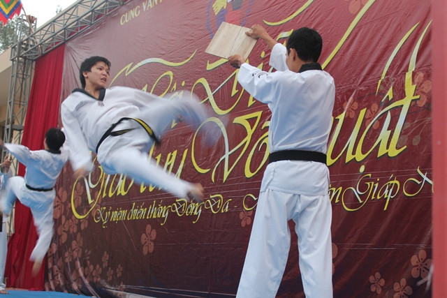 Những cú tung chân đá vỡ miếng gỗ khiến nhiều người xem vỗ tay tán thưởng không ngớt