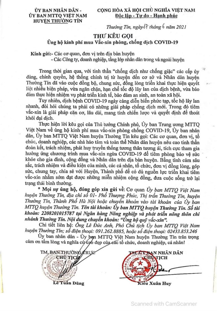 Thư kêu gọi của Ủy ban Mặt trận Tổ quốc huyện Thường Tín về việc ủng hộ Quỹ vắc xin trên tinh thần tự nguyện, tuy nhiên tại nhiều địa phương lại triển khai theo "chỉ tiêu".