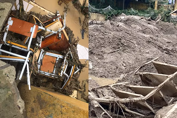 Đồ đạc trong trường bị phá huỷ sau trận lũ quét kéo dài 30 phút đêm 7/8. (Ảnh: Nhà trường cung cấp)