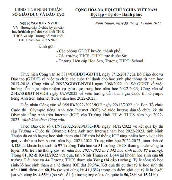 Nội dung văn bản của Sở Giáo dục và Đào tạo Ninh Thuận gửi các đơn vị liên quan tổ chức cuộc thi IOE. Nội dung văn bản của Sở Giáo dục và Đào tạo Ninh Thuận gửi các đơn vị liên quan tổ chức cuộc thi IOE.