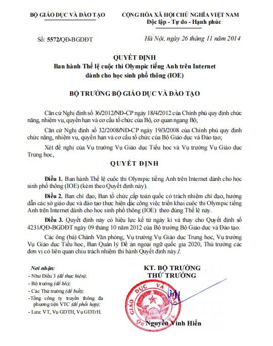 Nội dung công văn 5572 do Thứ trưởng Bộ Giáo dục ông Nguyễn Vinh Hiển ký vào năm 2014. Nội dung công văn 5572 do Thứ trưởng Bộ Giáo dục ông Nguyễn Vinh Hiển ký vào năm 2014.