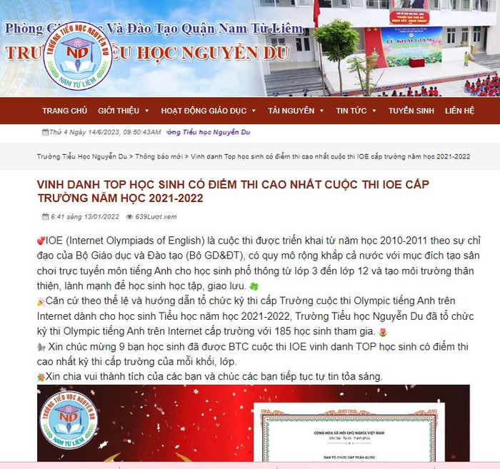 Trường Tiểu học Nguyễn Du thông tin cuộc thi IOE là do Bộ GIáo dục và Đào tạo chỉ đạo tổ chức. (Ảnh: cắt màn hình) Trường Tiểu học Nguyễn Du thông tin cuộc thi IOE là do Bộ GIáo dục và Đào tạo chỉ đạo tổ chức. (Ảnh: cắt màn hình)