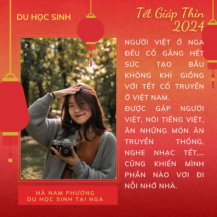 Bạn Hà Nam Phương hiện đang là sinh viên năm 3 tại Trường Đại học Nhân văn Quốc gia Liên bang Nga (RSUH), Moscow đã có 2 năm ăn Tết xa nhà. Bạn Hà Nam Phương hiện đang là sinh viên năm 3 tại Trường Đại học Nhân văn Quốc gia Liên bang Nga (RSUH), Moscow đã có 2 năm ăn Tết xa nhà.