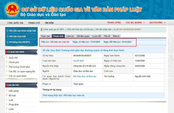 Trên hệ thống Cơ sở dữ liệu văn bản pháp luật có nêu thông tin Quyết định 66/2008/QĐ-BGDĐT có hiệu lực là từ ngày 13/5/2009 và ngày hết hiệu lực là 5/12/2021. (Ảnh chụp màn hình) Trên hệ thống Cơ sở dữ liệu văn bản pháp luật có nêu thông tin Quyết định 66/2008/QĐ-BGDĐT có hiệu lực là từ ngày 13/5/2009 và ngày hết hiệu lực là 5/12/2021. (Ảnh chụp màn hình)