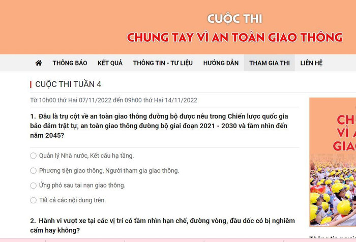 Một số câu hỏi tại cuộc thi "Chung tay vì an tòan giao thông" trong tuần 4 từ 7/11 đến 14/11. (Ảnh: cắt màn hình) Một số câu hỏi tại cuộc thi "Chung tay vì an tòan giao thông" trong tuần 4 từ 7/11 đến 14/11. (Ảnh: cắt màn hình)