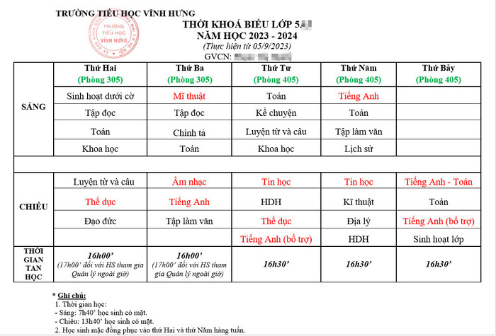 Năm học 2023-2024, một lớp 5 tại trường Tiểu học Vĩnh Hưng sẽ có 2 tiết tiếng Anh bổ trợ vào chiều thứ Năm và chiều thứ Bảy và một tiết tiếng Anh - Toán được tổ chức vào đầu giờ chiều thứ Bảy. (Ảnh: PHCC)