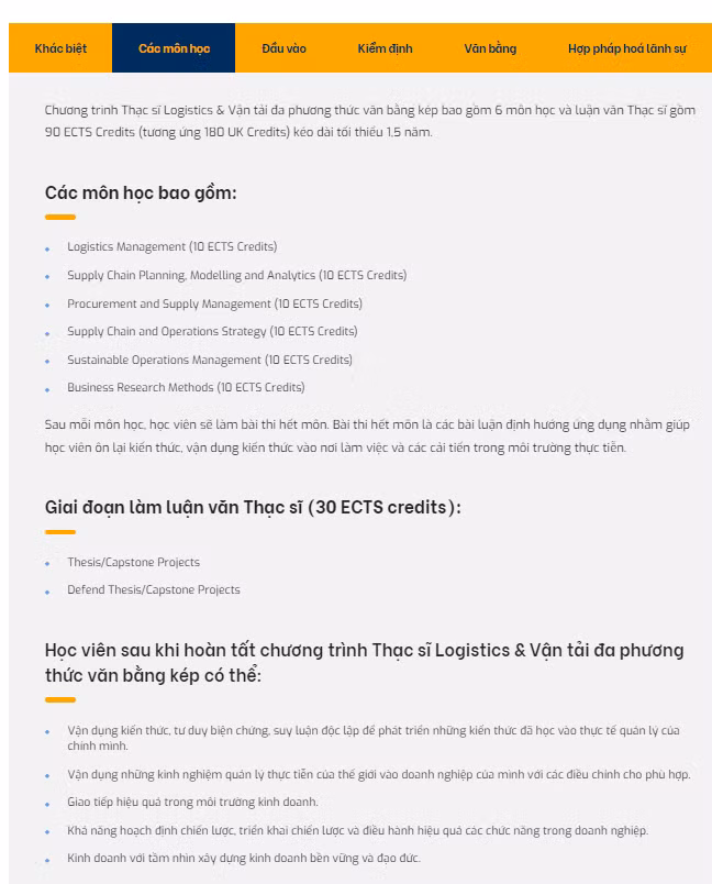 Chương trình đào tạo thạc sĩ Logistics và Vận tải đa phương thức được quảng bá trên website.