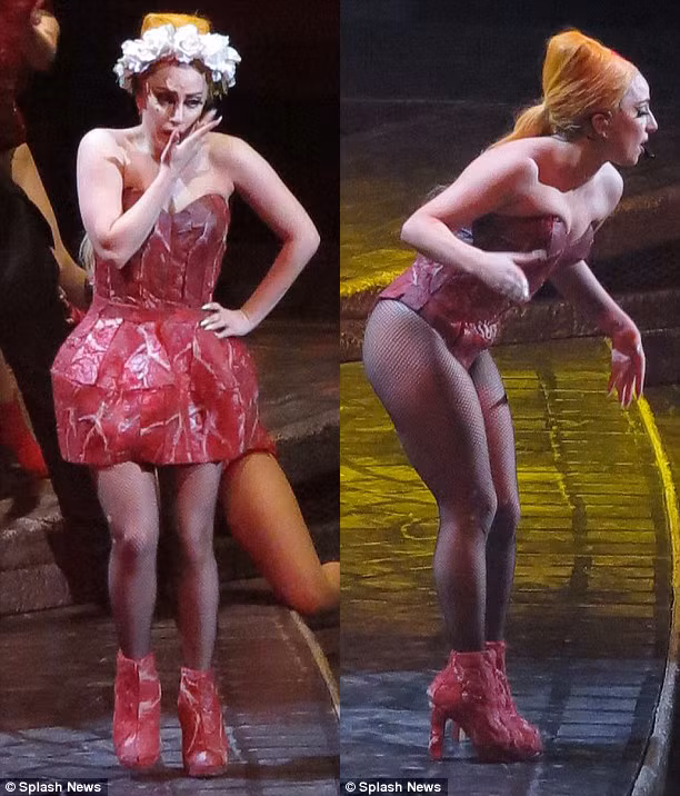 Cận cảnh chiếc váy thịt sống của nữ ca sỹ. So với kiểu váy năm 2011 thì chiếc váy thịt mới này được thiết kế theo kiểu peplum rất thú vị.