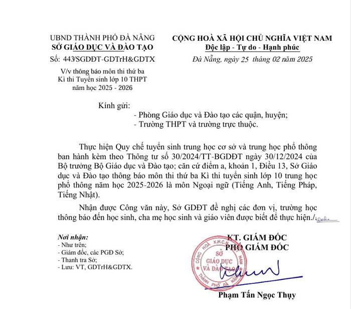 Đà Nẵng công bố môn thi thứ 3 trong kỳ thi tuyển sinh vào lớp 10 (Ảnh: Mạnh Dũng) vb đà nẵng.jpg
