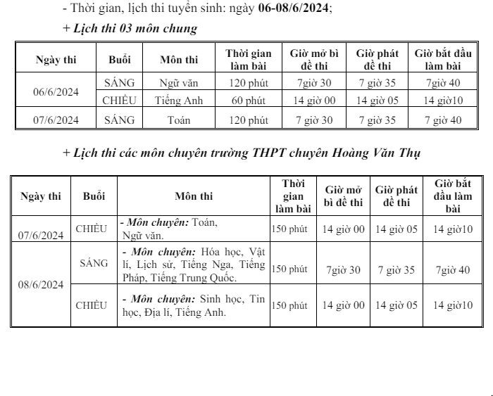Lịch thi 3 môn thi chung với học sinh thi vào lớp 10 diễn ra vào ngày 6-7/6. Đối với các môn thi chuyên Trường Trung học phổ thông Chuyên Hoàng Văn Thụ và các môn chất lượng cao Trường Phổ thông dân tộc nội trú Trung học phổ thông sẽ diễn ra vào ngày 7-8/6. (ảnh: Sở Giáo dục và Đào tạo Hoà Bình) lich-thi-vao-lop-10-hoa-bình.JPG