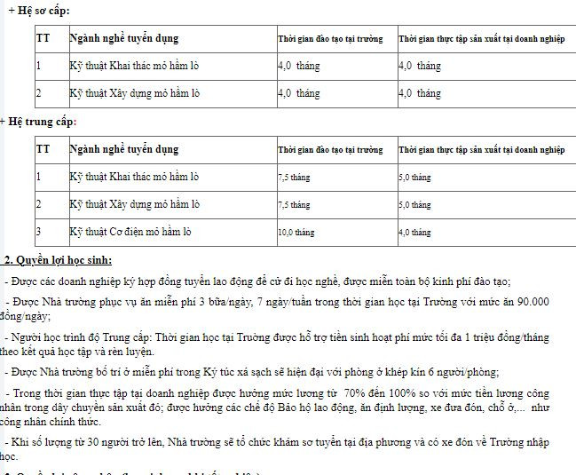 Đối với hệ đào tạo sơ cấp, trung cấp, Trường Cao đẳng than khoáng sản Việt Nam tuyển sinh đối với thí sinh học hết Trung học cơ sở. Nhà trường cũng đang tuyển sinh rầm rộ tại nhiều địa phương vùng cao (Ảnh: cắt màn hình) mo-ham-lo-trung-cap-so-cap.JPG