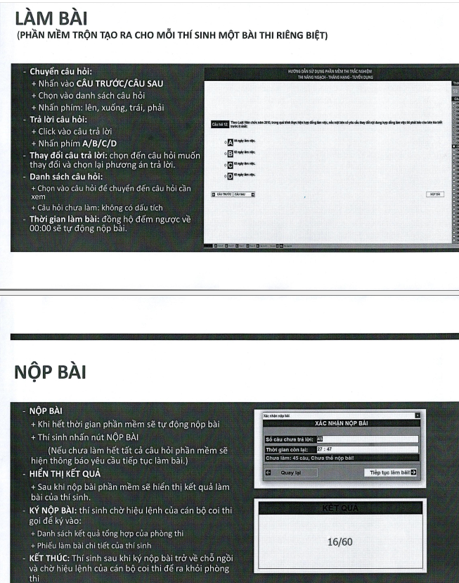 Khi hết thời gian làm bài, phần mềm sẽ tự đóng nộp bài của thí sinh. Đồng thời, phần mềm sẽ hiển thị kết quả bài làm của thí sinh. Ảnh minh họa.