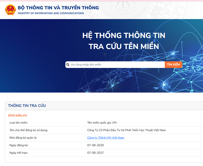Trên hệ thống thông tin tra cứu tên miền cho thấy, Công ty Cổ phần Đầu tư và Phát triển Học thuật Việt Nam là đơn vị đứng tên chủ sở hữu tên miền. (Ảnh: cắt màn hình) Screenshot 2024-10-30 103457.png
