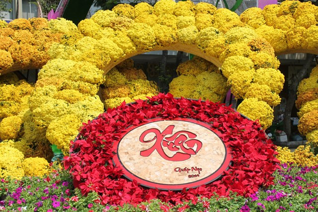 Những chậu hoa sặc sỡ được kết vào nhau