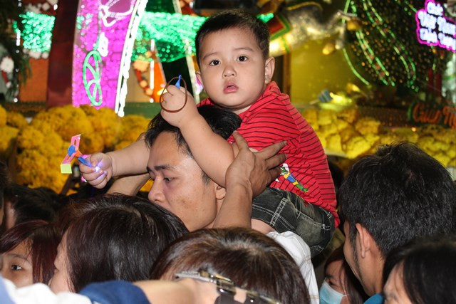 Nhiều bố mẹ bế trẻ lên cao trong &quot;biển người&quot; để các em có thể quan sát được đường hoa