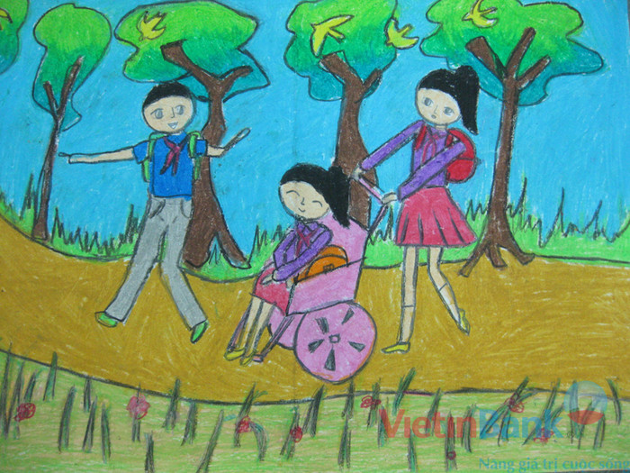Em đã đến nhiều vùng miền núi và ở ngay Hà Nội đây cũng thấy rất nhiều bạn nhỏ bị ung thư. Em vẽ bức tranh có một bạn bị ung thư xương và có hai bạn học sinh đưa bạn tới trường rất vui. Mong muốn của em là các bạn ung thư đều được đến trường như bao bạn trẻ khác để các bạn tự tin trong học tập, vững tin để sống và vượt qua bệnh tật hiểm nghèo. Em đã đến nhiều vùng miền núi và ở ngay Hà Nội đây cũng thấy rất nhiều bạn nhỏ bị ung thư. Em vẽ bức tranh có một bạn bị ung thư xương và có hai bạn học sinh đưa bạn tới trường rất vui. Mong muốn của em là các bạn ung thư đều được đến trường như bao bạn trẻ khác để các bạn tự tin trong học tập, vững tin để sống và vượt qua bệnh tật hiểm nghèo.