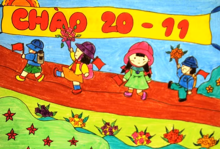 Một bức tranh trên báo tường của học trò tiểu học, chào mừng thầy cô nhân ngày 20/11