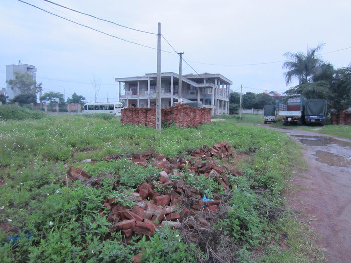 Gạch đá ngổn ngang; cỏ mọc hoang dại um tùm, xanh rì cả công trường rộng lớn.