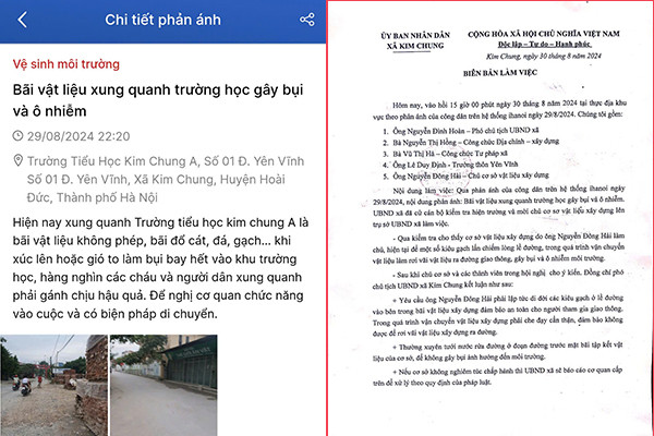 Nội dung phản ánh của người dân về bãi vật liệu gây ô nhiễm đến trường học và người dân (bên trái ảnh) và Biên bản làm việc của Ủy ban Nhân dân xã với chủ cơ sở kinh doanh vật liệu xây dựng. i-ha-noi-phan-anh-ve-sinh-moi-truong.jpg