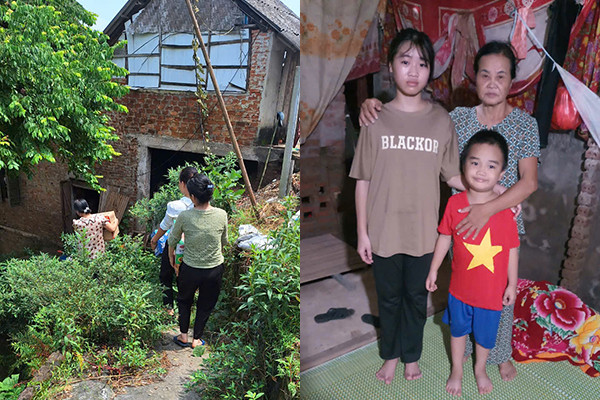 Các nhà hảo tâm đến tặng quà cho gia đình em Nhung, Hiếu, và hình ảnh 3 bà cháu Nhung, Hiếu. (Ảnh: NVCC) hoan-canh-gia-dinh-em-nhung-o-th-thcs-hop-thinh.jpg