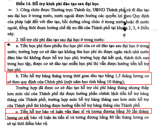 Tại điều 14, Quyết định 01/2014 của Ủy ban Nhân dân Thành phố Hà Nội có nêu đối với đối tượng được cử đi học trong nước sẽ được hỗ trợ học phí + tiền hỗ trợ hằng tháng (1,5 tháng lương cơ sở) + tiền hỗ trợ bảo vệ luận văn thạc sỹ và tương đương bằng 30 tháng lương cơ sở. (Ảnh: cắt màn hình) ho-tro-hoc-thac-sy.JPG