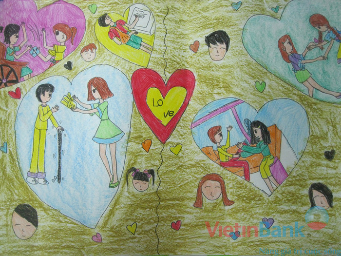 "ở Việt Nam hiện nay có rất nhiều trẻ em bị khuyết tật. Nhận rõ nối bất hạnh của các bạn nhỏ khuyết tật, em muốn giúp đỡ và chia sẻ với các bạn ấy. Bức tranh của em đã nói lên tất cả các điều trên. Em vẽ những hình trái tim yêu thương, trong từng trái tim có những việc làm dành cho các bạn khuyết tật: tặng quà, an ủi các bạn… Trên thực tế, em mong mọi người đều giúp đỡ và quan tâm đến trẻ em khuyết tật. “Và hãy lau khô cuộc đời em: bằng tình thương, lòng nhân ái của con người. Và hãy lau khô giọt nước mắt trong lòng em. Bằng tất cả trái tim con người Việt Nam”. " "ở Việt Nam hiện nay có rất nhiều trẻ em bị khuyết tật. Nhận rõ nối bất hạnh của các bạn nhỏ khuyết tật, em muốn giúp đỡ và chia sẻ với các bạn ấy. Bức tranh của em đã nói lên tất cả các điều trên. Em vẽ những hình trái tim yêu thương, trong từng trái tim có những việc làm dành cho các bạn khuyết tật: tặng quà, an ủi các bạn… Trên thực tế, em mong mọi người đều giúp đỡ và quan tâm đến trẻ em khuyết tật. “Và hãy lau khô cuộc đời em: bằng tình thương, lòng nhân ái của con người. Và hãy lau khô giọt nước mắt trong lòng em. Bằng tất cả trái tim con người Việt Nam”. "