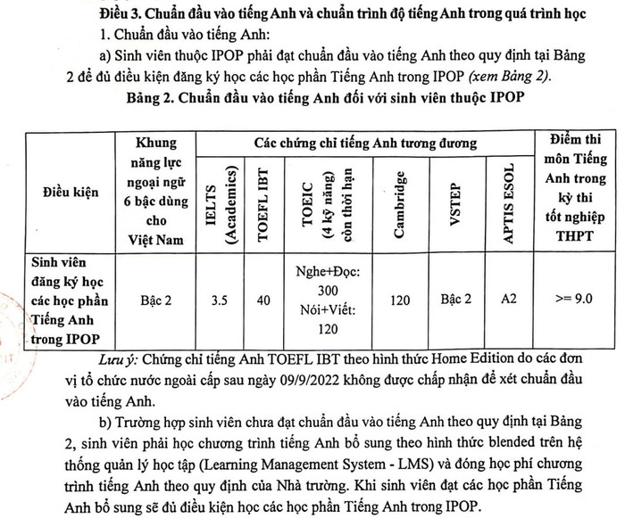 Chuẩn đầu vào tiếng Anh đối với sinh viên học chương trình đào tạo IOP. Theo đó, sinh viên đã có chứng chỉ tiếng Anh đầu vào chứng chỉ tiếng Anh bậc 2 (theo Khung năng lực ngoại ngữ 6 bậc dùng cho Việt Nam); IELTS: 3.5; TOEFL IBT: 40; TOEIC 4 kỹ năng gồm nghe đọc: 300 và nói + viết: 120; Camrridge: 120; VSTEP: Bậc 2; APTIS ESOL: A2 hoặc điểm thi môn tiếng Anh trong kỳ thi tốt nghiệp trung học phổ thông từ 9 điểm trở lên sẽ không phải tham gia học chương trình tiếng Anh bổ sung.(Ảnh: NTCC) dau-vao-iop.jpg