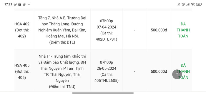 Thời gian, địa điểm, lệ phí hai đợt thi của nữ sinh Nguyễn Thị Thu Giang. (Ảnh: NVCC) gdvn_danh-gia-nang-luc-dai-hoc-quoc-gia-ha-noi (2).jpg