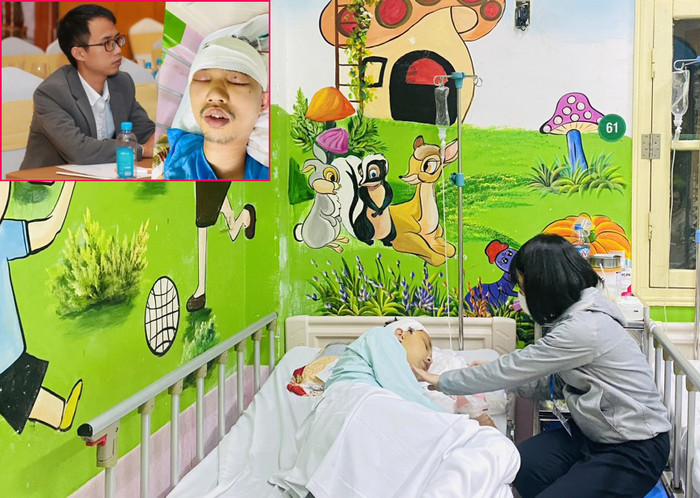 Cô Anh chăm sóc chồng tại viện. Trong ảnh là hình ảnh của chồng cô Anh lúc còn khỏe và khi mới nhập viện. (Ảnh: NVCC) hoan-canh-co-giao-nguyen-thi-anh.jpg