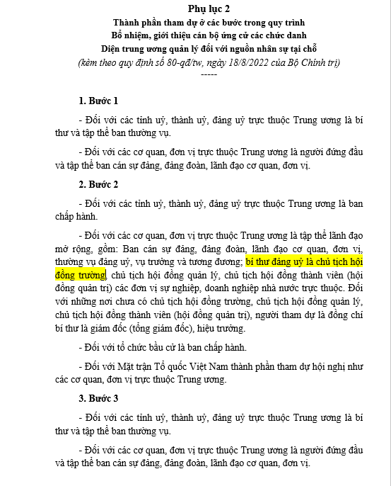 Theo Quy định 80-QĐ/TW, tập thể lãnh đạo có bí thư đảng uỷ là chủ tịch hội đồng trường, chủ tịch hội đồng quản lý, chủ tịch hội đồng thành viên các đơn vị sự nghiệp, doanh nghiệp nhà nước trực thuộc.