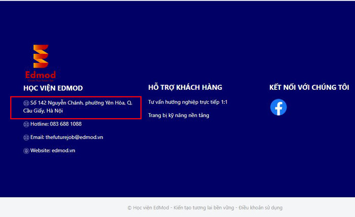 Trong mục đăng ký khóa học tại website http://edmod.vn có đăng tải thông tin ghi Edmod là Học viện Edmod - số 142 Nguyễn Chánh, phường Yên Hòa (Cầu Giấy, Hà Nội). (Ảnh: website)
