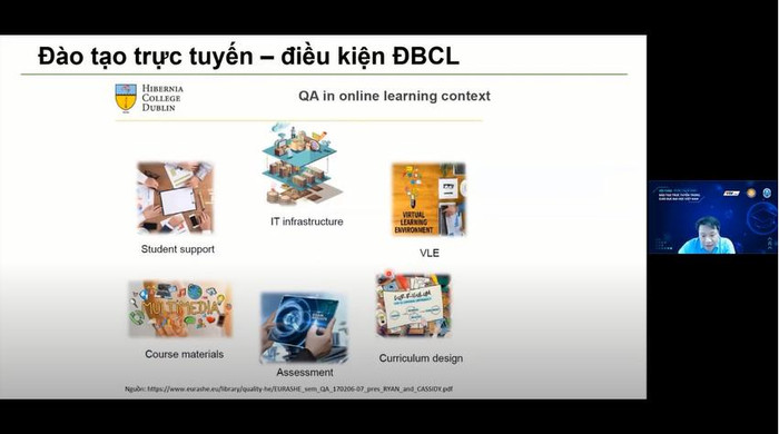Tiến sĩ Nghiêm Xuân Huy chia sẻ về vấn đề đảm bảo chất lượng trong đào tạo trực tuyến tại Hội thảo. (Ảnh: PM)