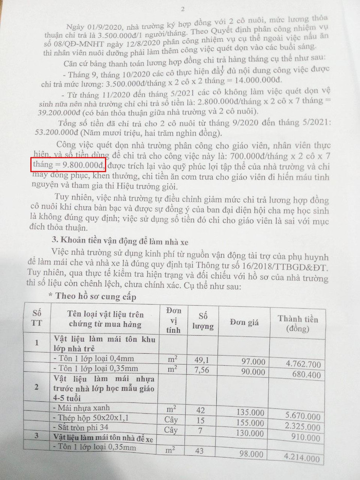 Số tiền 9,8 triệu đồng trích từ tiền chi trả cho 2 cô nuôi sang chi cho các hoạt động quỹ phúc lợi tập thể của nhà trường được kết luận là chi sai mục đích. (Ảnh: Phụ huynh cung cấp)
