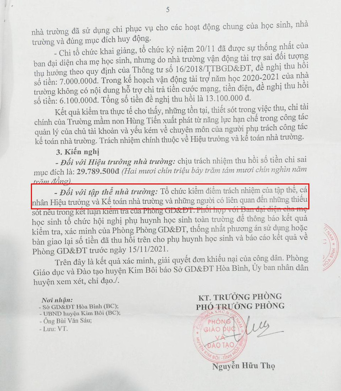 Phòng Giáo dục và Đào tạo huyện Kim Bôi chỉ đạo kiểm điểm tổ chức, cá nhân sau sai phạm lạm chi gần 30 triệu đồng. (Ảnh: Phụ huynh cung cấp)
