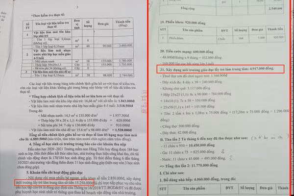 Bên trái ảnh là khoản tiền xây dựng môi trường lấy trẻ làm trung tâm của trường Mầm non Hùng Tiến được Phòng Giáo dục xác minh với tổng số tiền là 15,2 triệu đồng, trong khi đó theo báo cáo của nhà trường trước đó thì khoản tiền này chỉ hết 4,9 triệu đồng