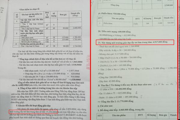 Bên trái ảnh là khoản tiền xây dựng môi trường lấy trẻ làm trung tâm của trường Mầm non Hùng Tiến được Phòng Giáo dục xác minh với tổng số tiền là 15,2 triệu đồng, trong khi đó theo báo cáo của nhà trường trước đó thì khoản tiền này chỉ hết 4,9 triệu đồng
