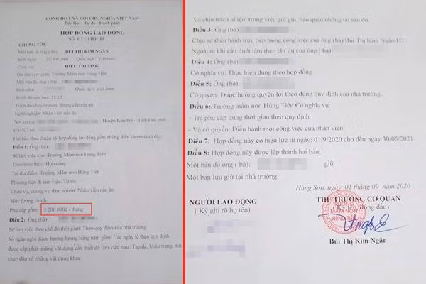 Phụ huynh cho hay, trong Hợp đồng Lao động của cô nuôi cung cấp thì họ không hề nhận được 3,5 triệu đồng/tháng và cũng không có khoản làm thêm quét dọn vào các buổi sáng. (Ảnh: NVCC)