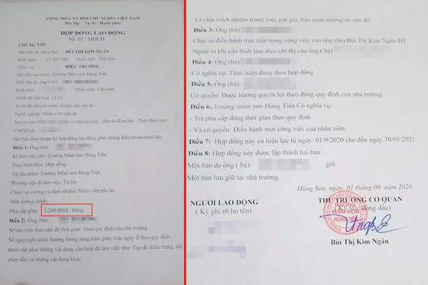 Phụ huynh cho hay, trong Hợp đồng Lao động của cô nuôi cung cấp thì họ không hề nhận được 3,5 triệu đồng/tháng và cũng không có khoản làm thêm quét dọn vào các buổi sáng. (Ảnh: NVCC)