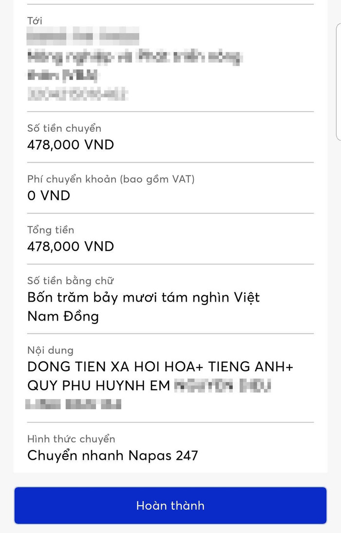 Phụ huynh chuyển khoản đóng tiền xã hội hóa 300 nghìn đồng với khoản thu quỹ phụ huynh, tiếng Anh cho giáo viên chủ nhiệm. (Ảnh: NVCC)