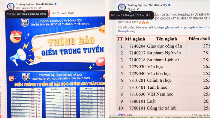 Hai thông báo được đăng tải trên fanpage của nhà trường cách nhau hơn 6 tiếng, khiến không ít thí sinh "mừng hụt". Ảnh chụp màn hình nhan-vat-2.png