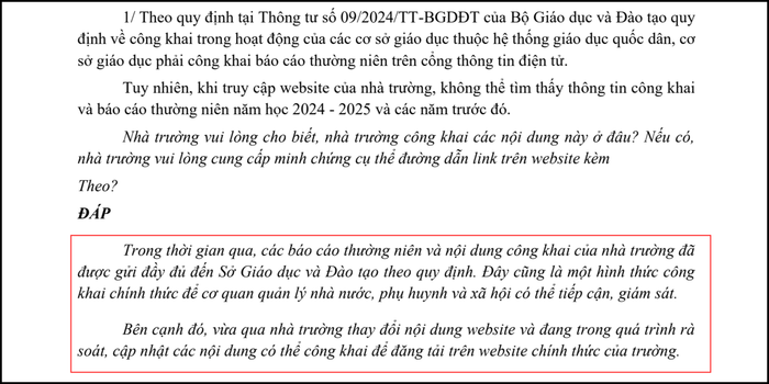 Văn bản trả lời của Trường Song ngữ Quốc tế Horizon, hai cơ sở có nội dung phản hồi giống nhau. Ảnh chụp màn hình. horizon-hoc-phi-2.png