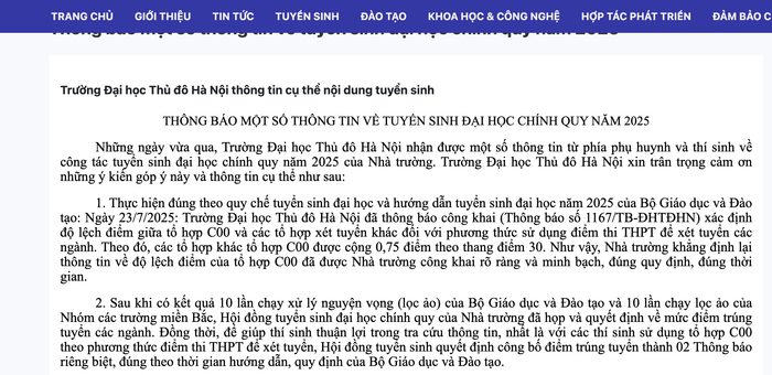 Trường Đại học Thủ đô Hà Nội lên tiếng lý giải trên website. Ảnh chụp màn hình. anh-man-hinh-2025-08-24-luc-165225.png