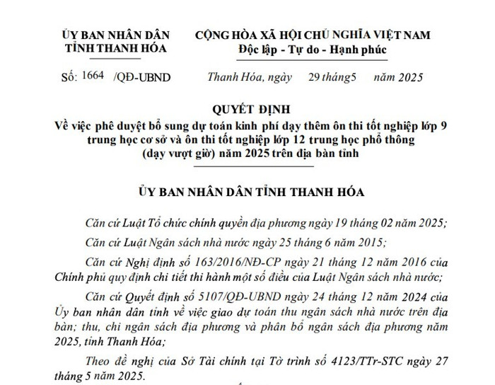 Quyết định về việc phê duyệt bổ sung dự toán kinh phí dạy thêm ôn thi tốt nghiệp lớp 9 trung học cơ sở và ôn thi tốt nghiệp lớp 12. Ảnh chụp màn hình. 1000009171-9524.jpg