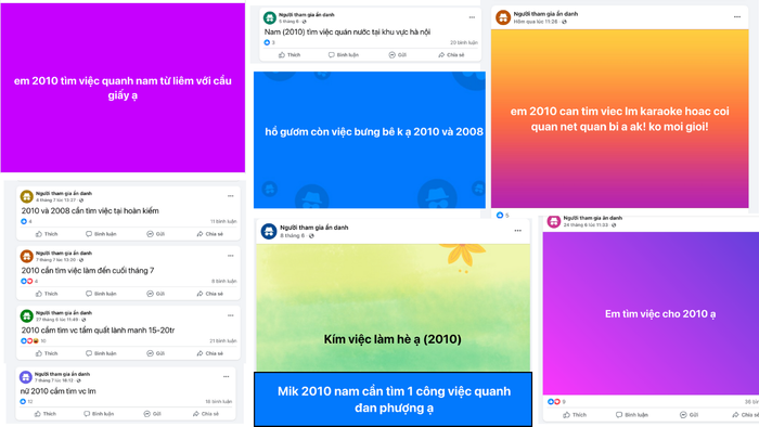 Các bài đăng tìm việc làm cho các bạn trẻ 15 - 16 tuổi xuất hiện dày kín trên mạng xã hội. Ảnh chụp màn hình. lam-them-he.png