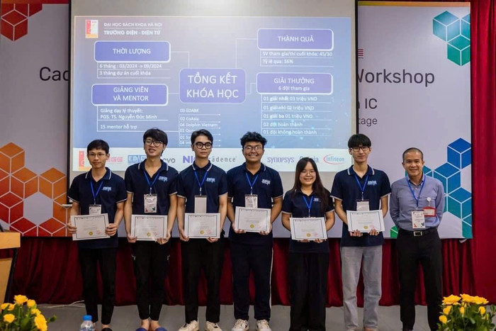Phó giáo sư, Tiến sĩ Nguyễn Đức Minh trao bằng khen cho sinh viên Trường Điện - Điện tử. Ảnh: NVCC z6631021112329-7b284d25e274c9f3ddacd5648cb9afa2.jpg