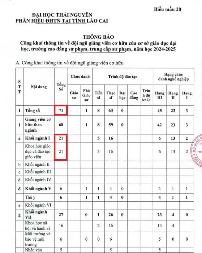 Biểu mẫu 20 đăng tải vào tháng 8/2024 trên website phân hiệu Lào Cai. Ảnh chụp màn hình. giang-vien.png